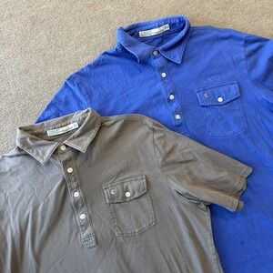 LOT OF 2 Criquet Polo Mens L Blue Brown Jersey Knit Pocket Logo Shirt